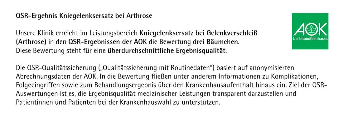QSR-Bewertung für Kniegelenkersatz bei Arthrose: drei Bäumchen für überdurchschnittliche Ergebnisqualität, AOK-Logo