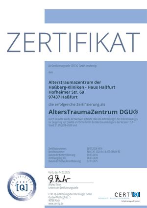Zertifikat für das Alterstraumazentrum der Haßberg-Kliniken als AltersTraumaZentrum DGU